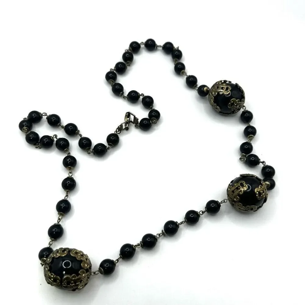 Vintage long black beaded necklace